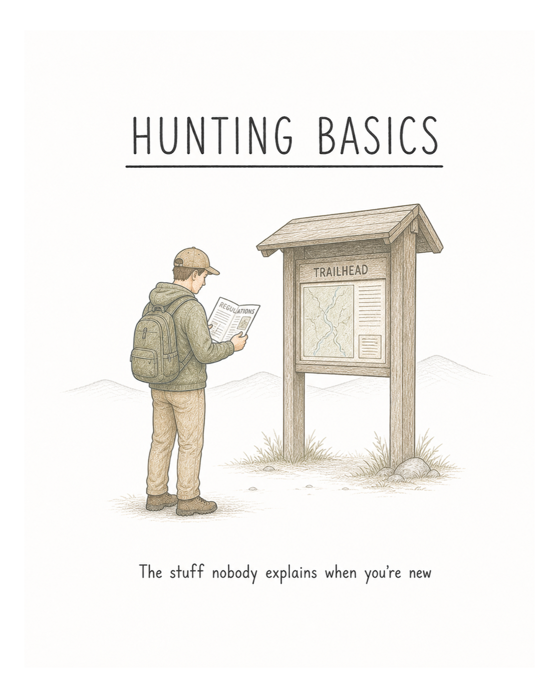 Illustration of a new hunter reading regulations beside a trailhead map